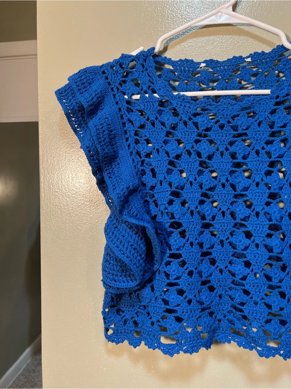 Zara Women’s Crochet Knit Top Royal Blue Ruffle Side Boxy Round Neck Lace Sheer